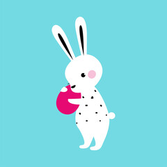 Lovely White Little Bunny Holding Decorated Egg, Easter Egg Hunt Card, Poster, Invitation Design Cartoon Style Vector Illustration