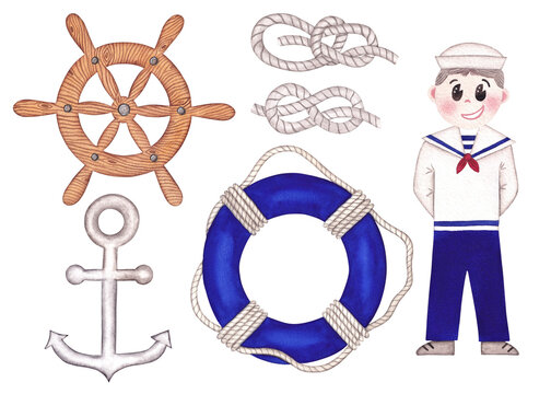 Set of cute nautical illustrations. Hand painted isolated watercolor illustrations on white background. Sailor man, anchor, life ring, steering wheel and nautical knots.