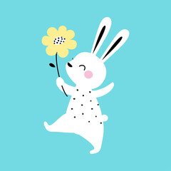 Adorable White Little Bunny Walking with Spring Flower, Easter Egg Hunt Card, Poster, Invitation Design Cartoon Style Vector Illustration