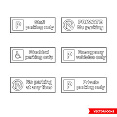 Car parking control signs icon set of outline types. Isolated vector sign symbols. Icon pack.