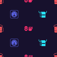 Set Towel on a hanger, Sauna thermometer, Toilet paper roll and Wooden beer mug on seamless pattern. Vector.