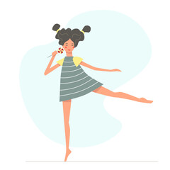 Cute funny cartoon girl in a short dress with a lollipop in her hand. 