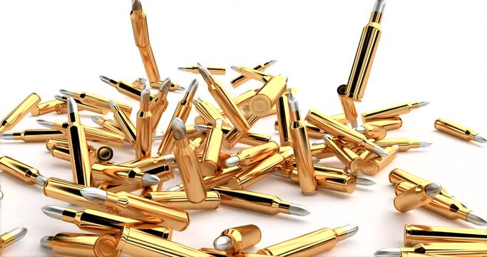 Bullets fall in a pile. 3d shot on golden backdrop.