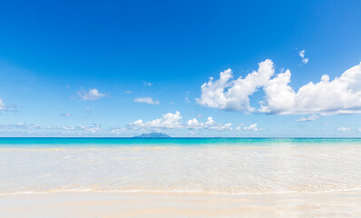 Fototapeta na wymiar Sea, sky, sand. Tropical summer background, copy space