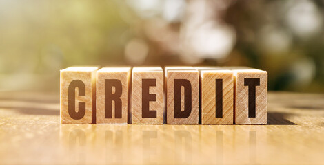 Word CREDIT made with building wooden blocks on table in sunlight.