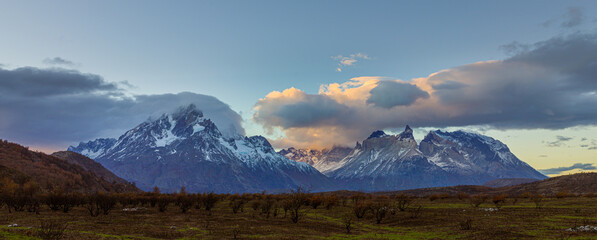 Panorama of the Paine mountain range in Patagonia at sunset