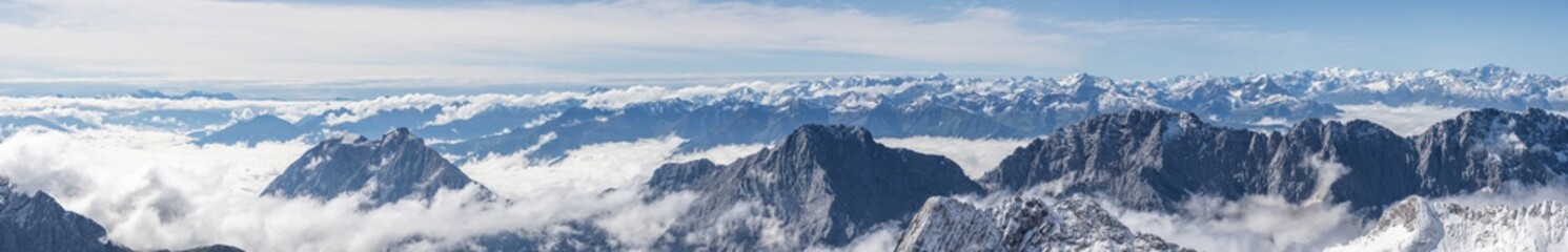 Panorama view of snow mountain in summer from Top of Germany Zugspitze