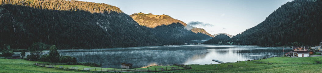 Panoramic view of Haldensee Lake in morning hour in Austria