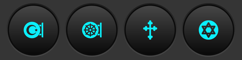 Set Star and crescent, Dharma wheel, Christian cross and of David icon. Vector.