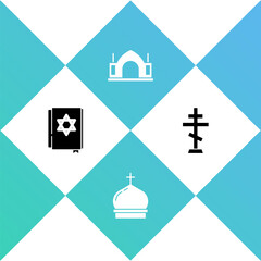 Set Jewish torah book, Church tower, Hindu spiritual temple and Christian cross icon. Vector.