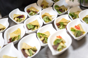 Catering Buffet Partyservice Essen zubereiten von einem Koch auf kleine Teller