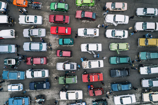 Rally of old cars, classic old colorfull cars in Poland aerial drone photo