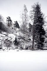 View of the Ludwigstein chapel in the Monrepo park on a cloudy January day. Vyborg, Russia. 