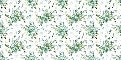 Watercolor greenery seamless pattern. Abstract green floral and leaves, scandinaviam style, monochrome minimal pattern for nursery, travel design, wallpaper, apparel