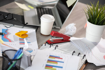 Messy and cluttered desk