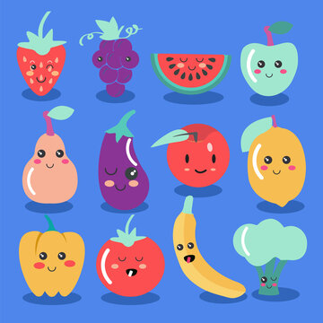 Cute Kawaii fruit and vegetable icon set. Vector collection of cute Fruit and veg illustration.  