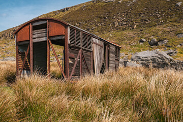 A derelict site trailer near the B6270 road between Nateby and Birkdale, North Yorkshire, England,...