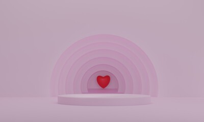 3d rendering, Presentation podium with red heart in pink circles background
