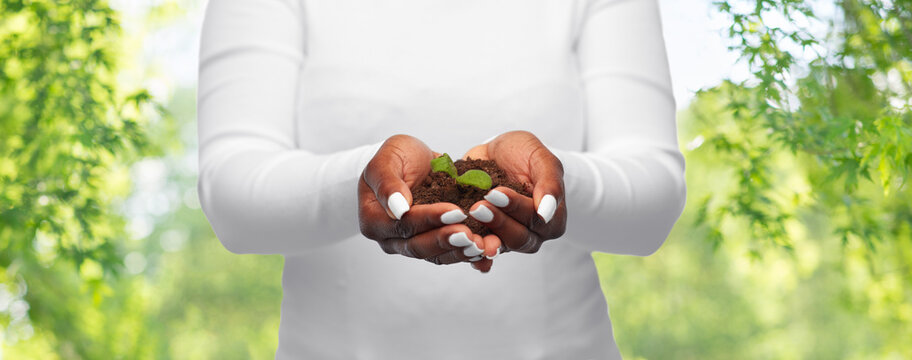 ecology, environment and nature concept - close up of young african american woman holding plant growing in handful of soil over green natural background
