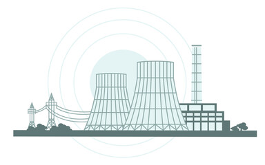 Cooling tower producing energy to generate electricity heating using steam. Thermal Power Station, Nuclear Plant, Nuclear Reactor and Power Lines, Vector Illustration, Banner