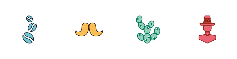 Set Coffee beans, Mustache, Cactus and Mexican man sombrero icon. Vector.