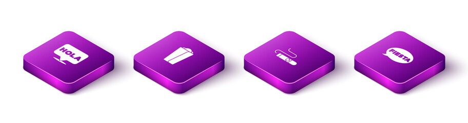 Set Isometric Hola, Burrito, Cigar and Fiesta icon. Vector.