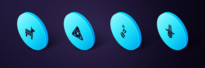 Set Isometric Mexican man sombrero, Coffee beans, Nachos and Pinata icon. Vector.