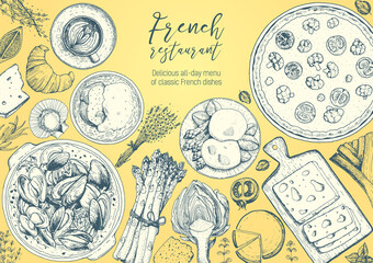 French cuisine top view frame. A set of classic French dishes with quiche lorraine, mussels, poached eggs, onion soup, bakery. Food menu design template. Hand drawn sketch vector illustration.