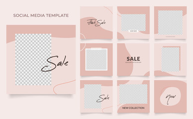 social media template banner blog fashion sale promotion. fully editable instagram and facebook square post frame puzzle organic sale poster. brown red white vector watercolor background - obrazy, fototapety, plakaty