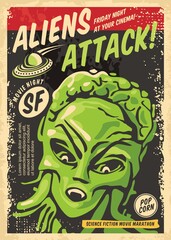 Aliens attack retro poster concept for science fiction movie festival. Vintage sign with creature from outer space and UFO spaceship. Cinema event vector flyer template. © lukeruk