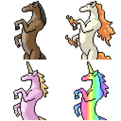 pixel art set isolated horse fantasy