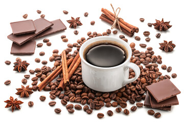 White cup with black coffee on roasted coffee beans with cinnamon sticks, anise and chocolate wedges on a white background.