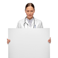 medicine, profession and healthcare concept - female doctor holding white board