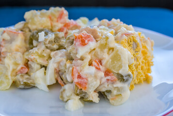 Ensaladilla rusa. Typical Spanish dish. The main ingredients are the cooked potato and various vegetables cut into small pieces mixed with mayonnaise.