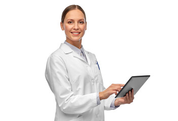 medicine, profession and healthcare concept - happy smiling female doctor or scientist in white coat with tablet pc computer