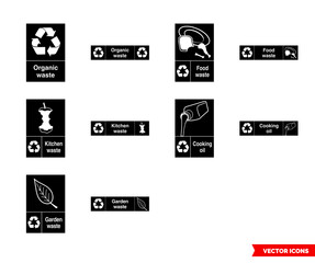 Organic recycling signs icon set of black and white types. Isolated vector sign symbols. Icon pack.