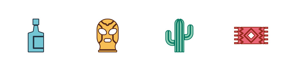 Set Tequila bottle, Mexican wrestler, Cactus and carpet icon. Vector.
