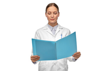 medicine, science and healthcare concept - female doctor or scientist in white coat with folder