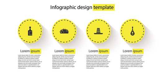 Set Tequila bottle, Taco with tortilla, Mexican sombrero and guitar. Business infographic template. Vector.