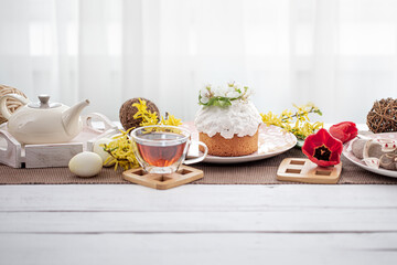Festive table setting and decor for Easter copy space.