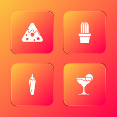 Set Nachos, Cactus or succulent in pot, Hot chili pepper pod and Margarita cocktail icon. Vector.