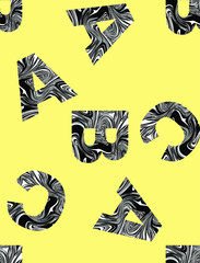 Typography seamless patterns. The letters A, B, C are painted with black and white acrylic paints on a yellow background. Fashionable design of fabrics, textiles, wrapping paper. Vector.