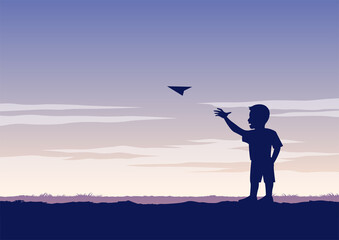 Fototapeta na wymiar silhouette design of boy play paper plane