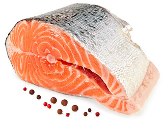 slice of raw fish, salmon, trout, steak, isolated on white background, clipping path, full depth of field