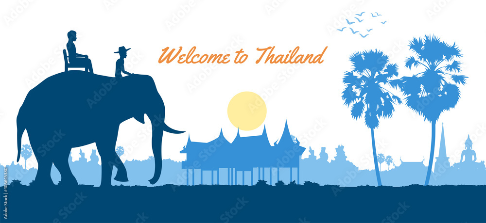 Wall mural people on elephant back travel in Thailand around with  nature in countryside of east lifestyle