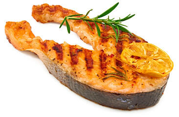 slice of grilled fish, salmon, trout, steak with rosemary on black plate isolated on white background, clipping path
