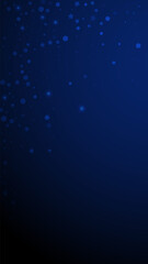 Magic stars random Christmas background. Subtle flying snow flakes and stars on dark blue background. Alive winter silver snowflake overlay template. Likable vertical illustration.