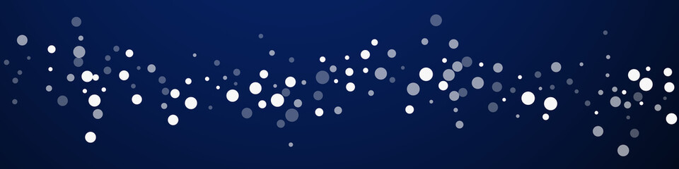 White dots Christmas background. Subtle flying snow flakes and stars on dark blue background. Breathtaking winter silver snowflake overlay template. Captivating panoramic illustration.