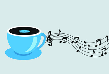 a cup of coffee or tea with a musical record and notes