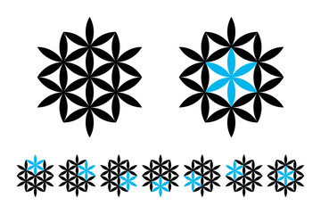 Seven stars, geometrical and optical illusion. Six flower-like stars, made from vesica piscis lens shapes, forming with interlocking petals, a seventh star. Isolated illustration, over white. Vector.